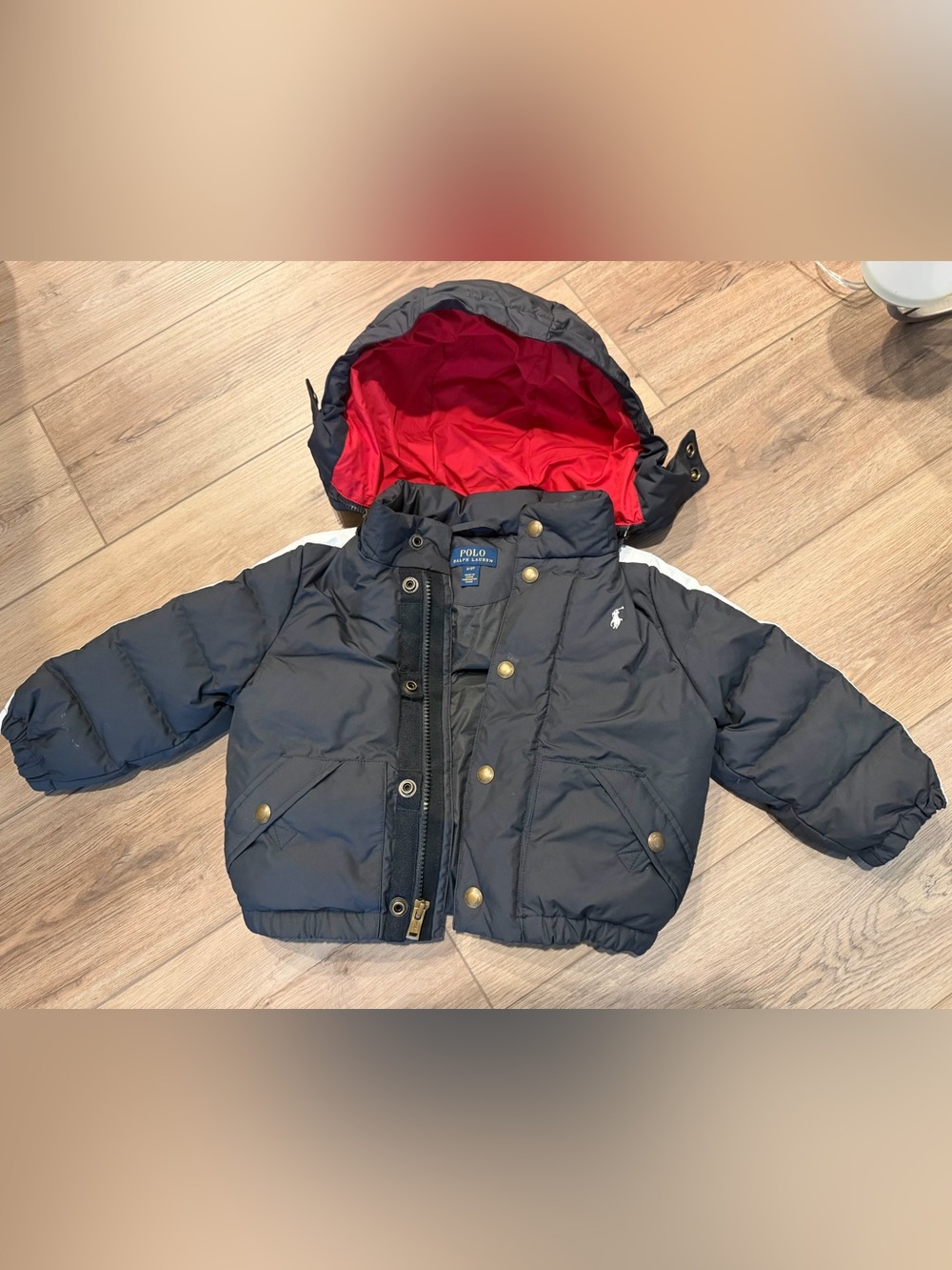 Polo by Ralph Lauren Kids Black Puffer Coat with Red Lining Hood